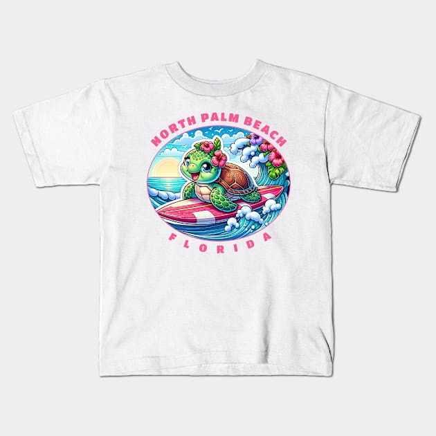 North Palm Beach Florida Girls Cute Surfing Sea Turtle Kids T-Shirt by grendelfly73